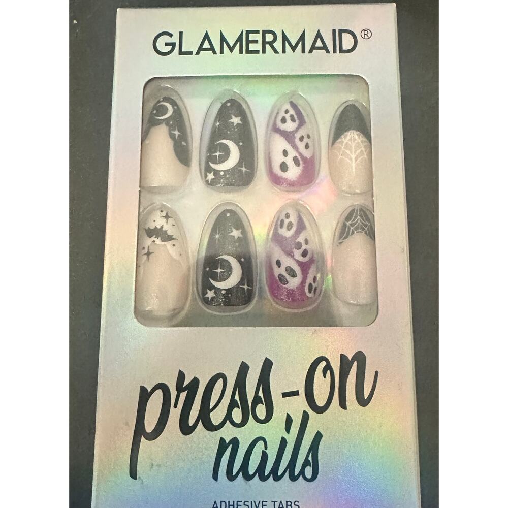 Press on Nails Halloween Ghost Spiders Bats Moon Purple Black White Fake Nails